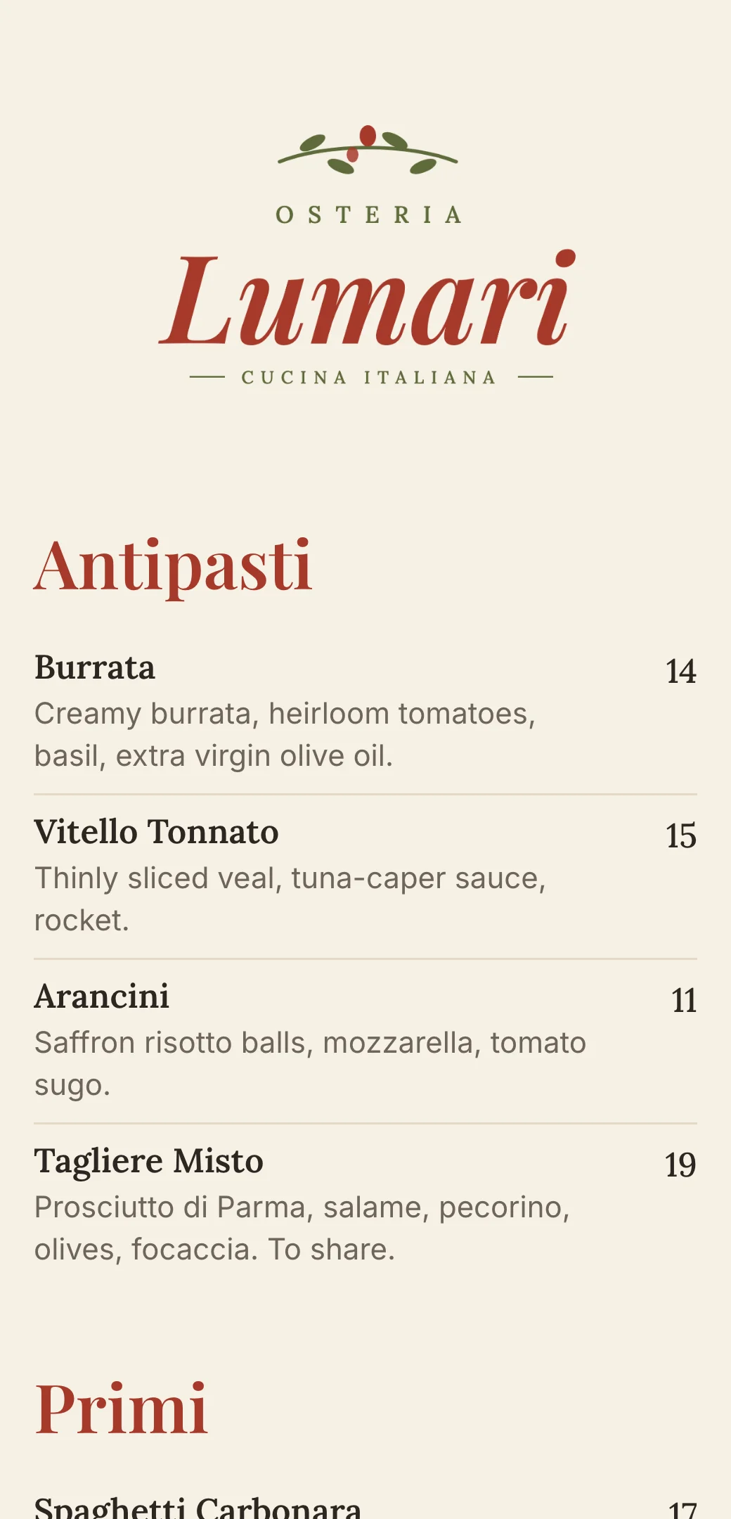 Italian restaurant QR menu template