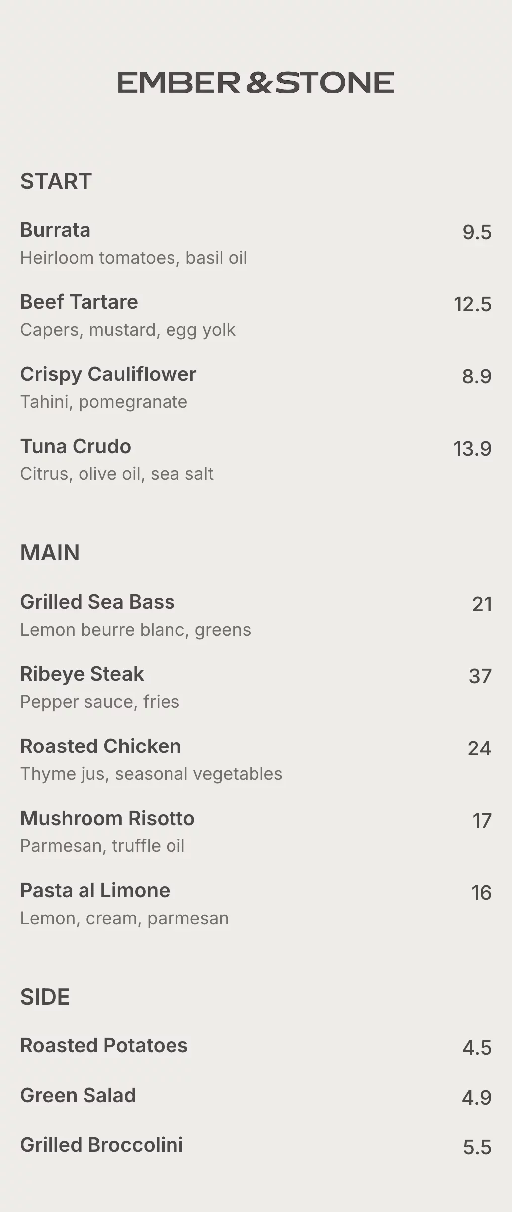 Modern restaurant menu made with mmmmenu