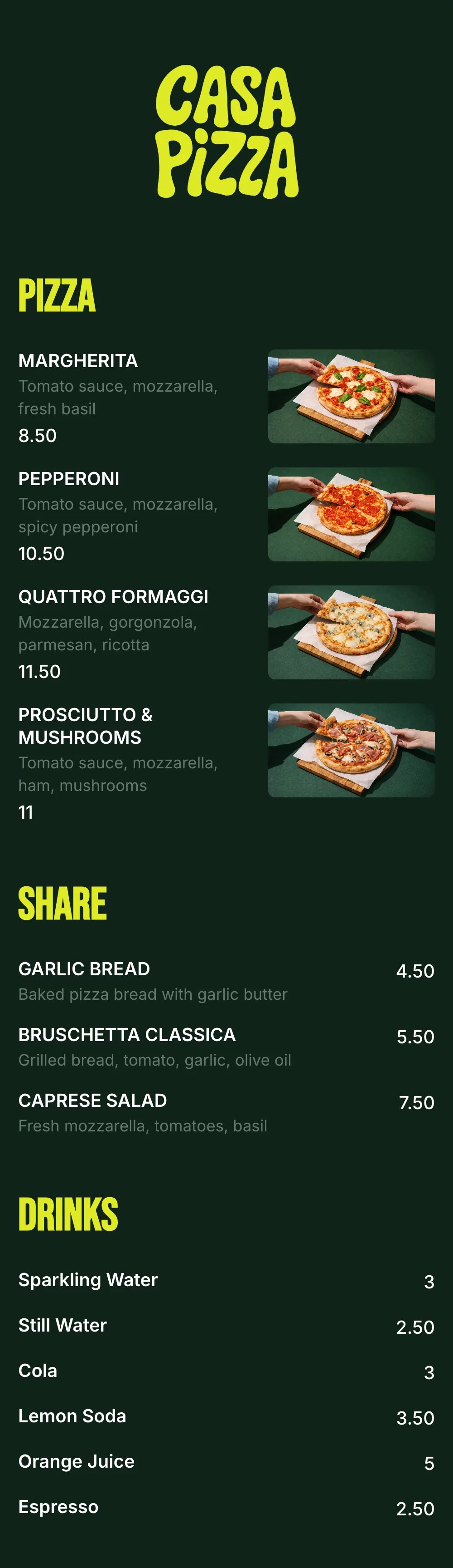 Pizza QR code menu example